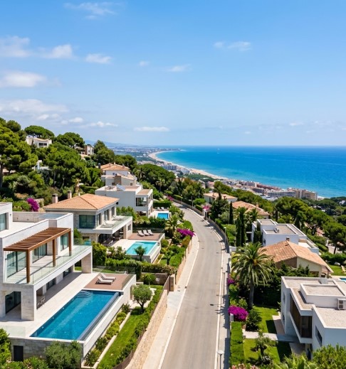 Vistas elevadas, chalets de lujo con vistas al mar y entorno seguro del exclusivo barrio de Bellamar en Castelldefels